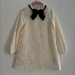 Janie and Jack Cream Lace Dress with Black Velvet Bow